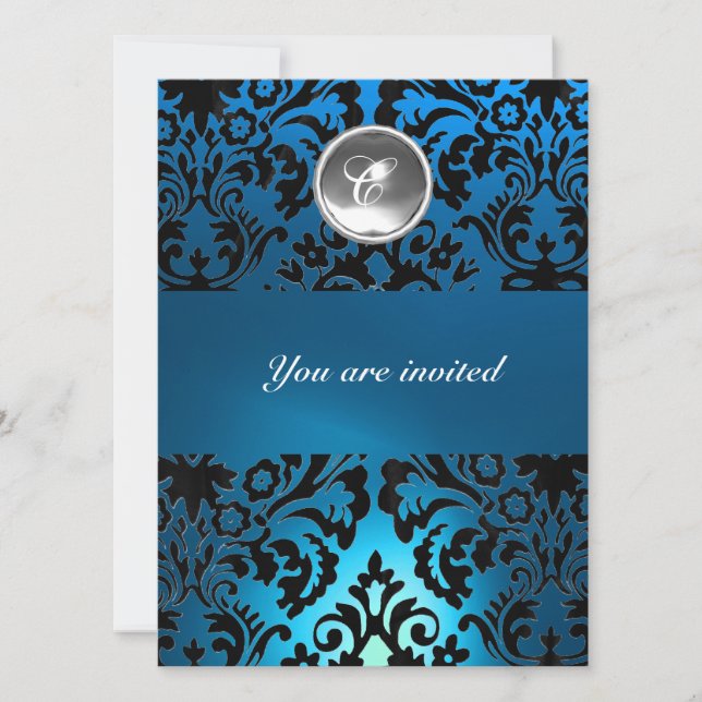 Invitation DAMASSÉ GEMME PIERRE MONOGRAMME NOIR & BLEU blanc (Devant)