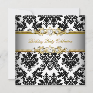 Invitation Damassé Noir Blanc Or Argent Crème Élégant Fête