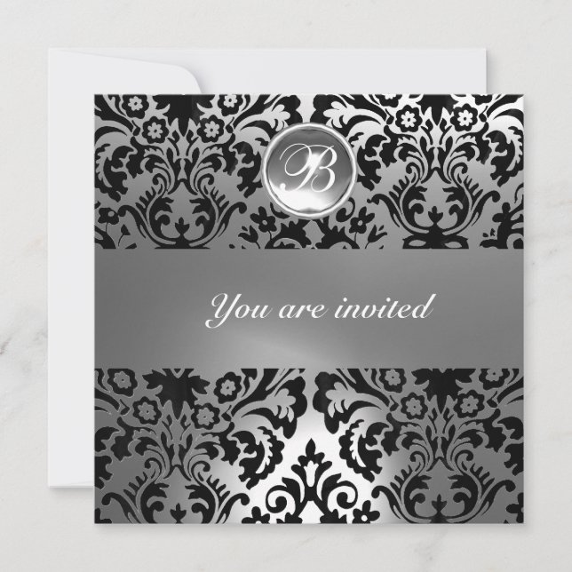 Invitation DAMASSÉ NOIR & BLANC PIERRE GEMME MONOGRAMME crist (Devant)