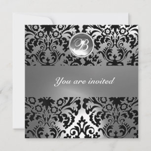 Invitation DAMASSÉ NOIR & BLANC PIERRE GEMME MONOGRAMME crist