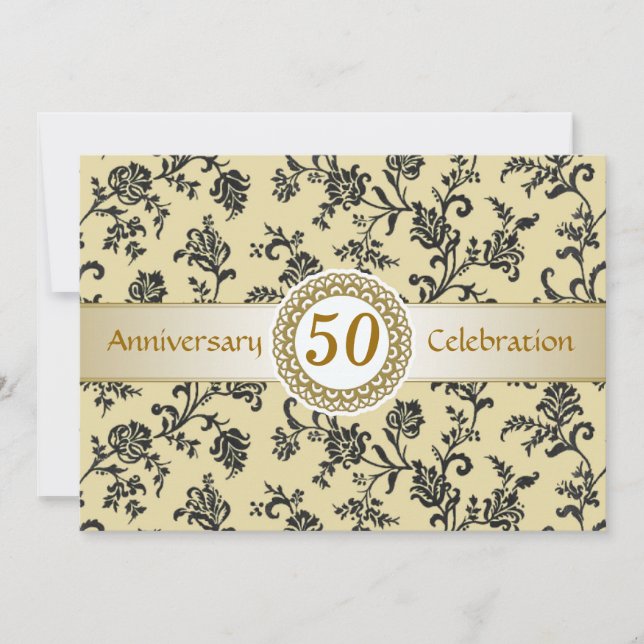 Invitation Damassé noir doré, 50e anniversaire de mariage (Devant)