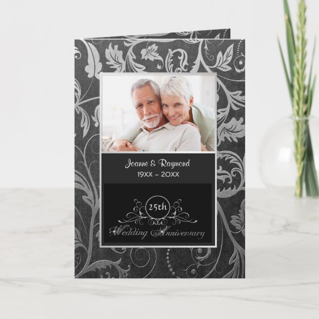 Invitation Damassé noir et argent 25e anniversaire de mariage (Devant)
