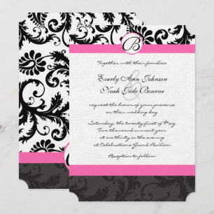 Invitation Damassé noir et blanc avec garniture rose Monogram