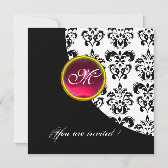 Invitation DAMASSÉ NOIR ET BLANC MONOGRAMME, rubis rouge, (Devant)