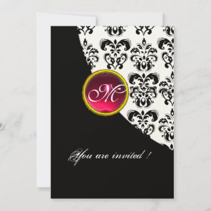 Invitation DAMASSÉ NOIR ET BLANC MONOGRAMME, rubis rouge, fuc
