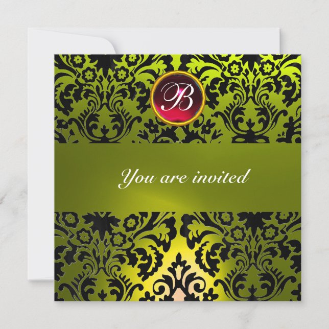 INVITATION DAMASSÉ NOIR ET JAUNE MONOGRAMME PIERRE GEMME (Devant)
