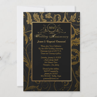 Invitation Damassé noir et or 50e anniversaire de mariage
