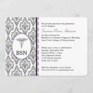 Invitation Damassé noire de lavande de l'obtention du diplôme