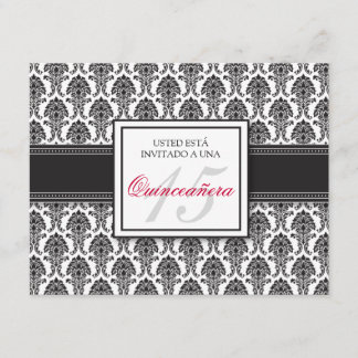 Invitation Damassé noire ESPAGNOLE Quinceañera Invitación