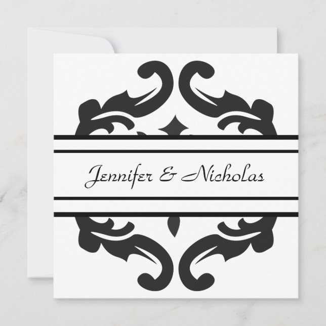 Invitation Damassé noire et blanche de réception de mariage (Devant)