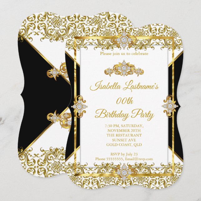 Invitation Damassé Or Noir Blanc Diamant Fête d'Anniversaire (Devant / Derrière)