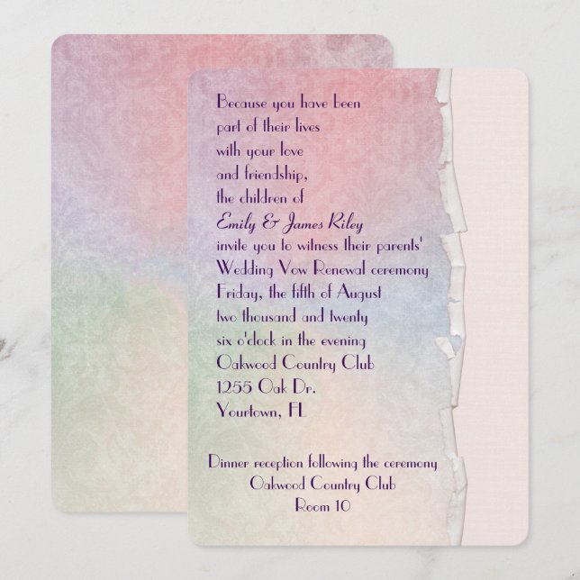 Invitation Damassé pastel avec bord déchiré (Devant / Derrière)