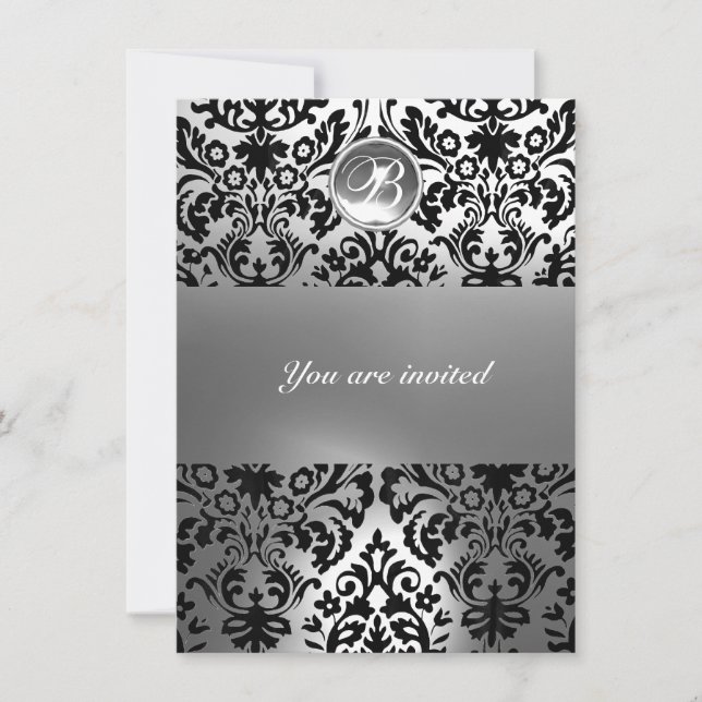 INVITATION DAMASSÉ PIERRE GEMME NOIR ET BLANC MONOGRAMME (Devant)