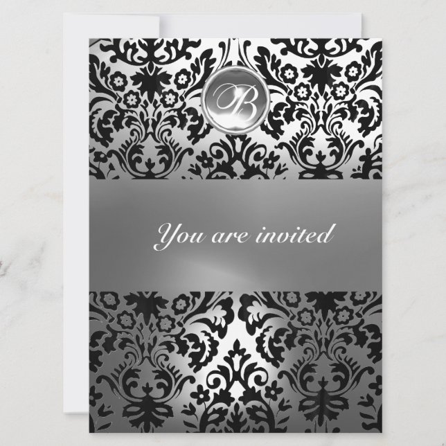 INVITATION DAMASSÉ PIERRE GEMME NOIR ET BLANC MONOGRAMME (Devant)