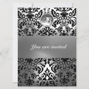 INVITATION DAMASSÉ PIERRE GEMME NOIR ET BLANC MONOGRAMME