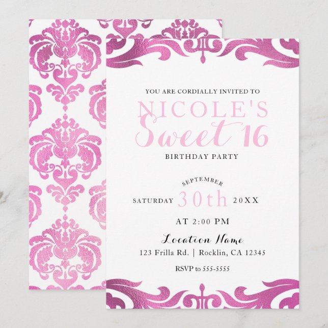 Invitation Damassé rose et blanc Chic Élégant Fête douce 16 a (Devant / Derrière)