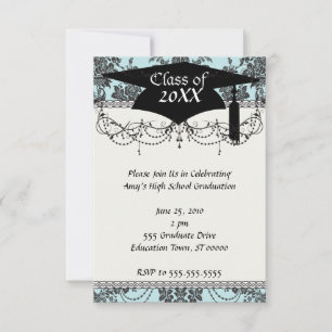 Invitation damassé rose graduation bleu clair et noir