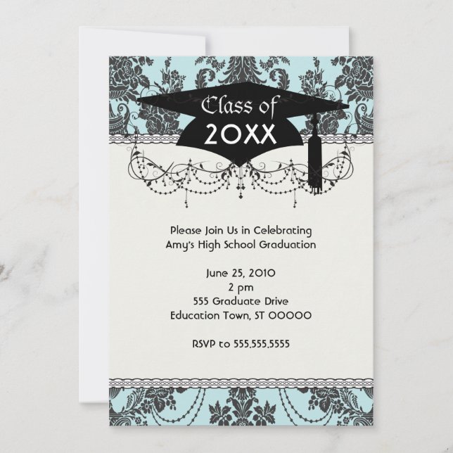 Invitation damassé rose graduation bleu clair et noir (Devant)