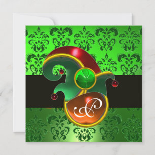 INVITATION DAMASSÉ VERT, CHAPEAU DE LUTIN FÊTE ST-PATRICK MON