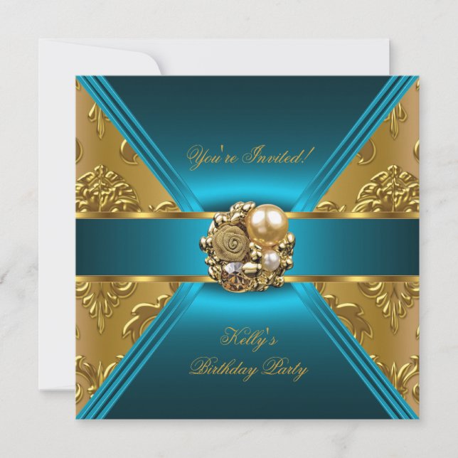 Invitation damassée bleu sarcelle or pour fête d'a (Devant)