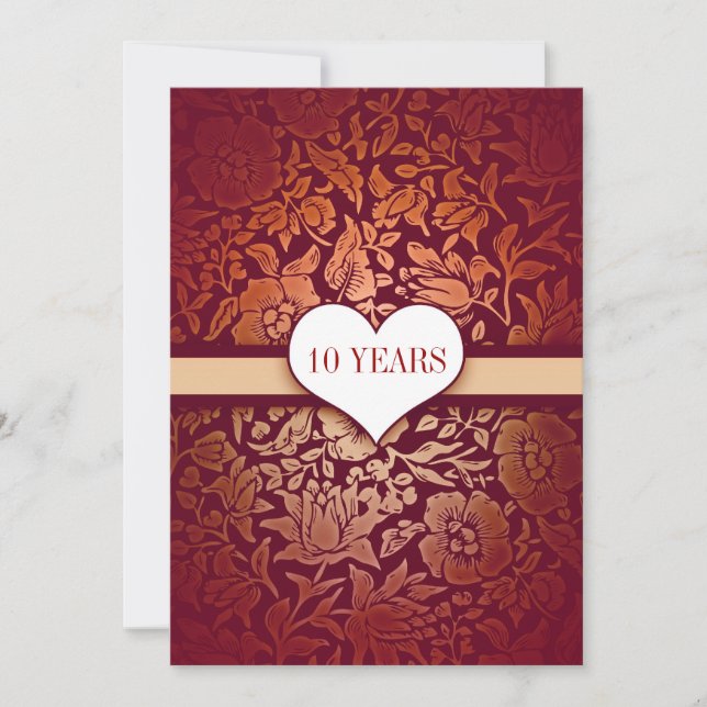 Invitation damassée rouge pour 10 ans de mariage (Devant)