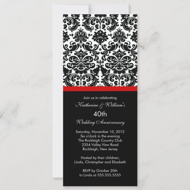 Invitation damassée rouge pour le 40e anniversaire (Devant)