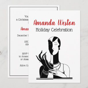 Invitation Dame Art Déco de Noël aux Perles Noir Transp