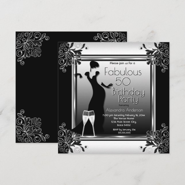 Invitation Dame Art Déco Noir Blanc Champagne Fête d'Annivers (Devant / Derrière)