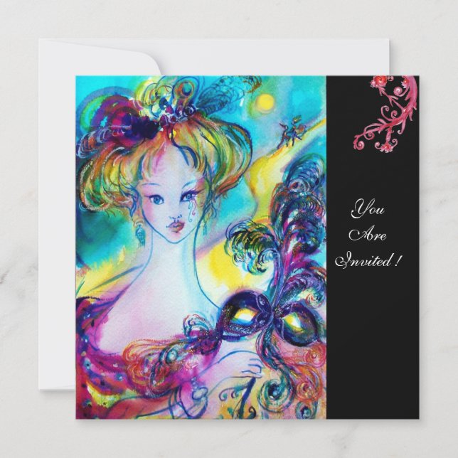 Invitation DAME AU MASQUE / Bal masqué vénitien,noir (Devant)