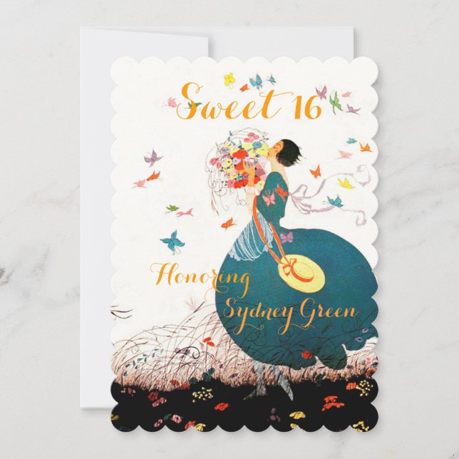 INVITATION DAME AVEC BOUQUET DE FLEURS ET PAPILLONS SWEET 16 (Devant)