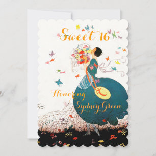 INVITATION DAME AVEC BOUQUET DE FLEURS ET PAPILLONS SWEET 16