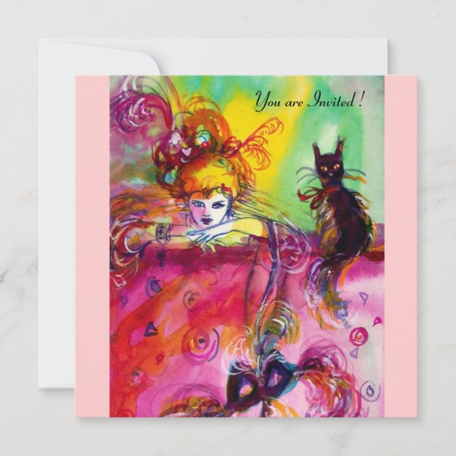 Invitation DAME AVEC CHAT NOIR / Mardi Gras Fête de Mascarade (Devant)