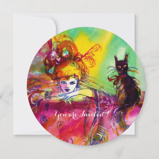 Invitation DAME AVEC CHAT NOIR / Mardi Gras Fête Masquée (Devant)