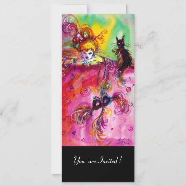 Invitation DAME AVEC CHAT NOIR / Mardi Gras Fête Masquée (Devant)