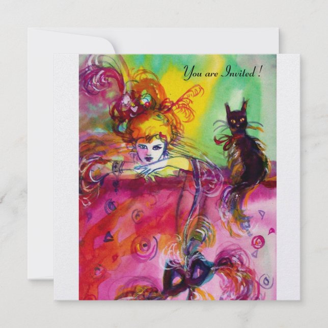 Invitation DAME AVEC CHAT NOIR / Mardi Gras Fête Masquée (Devant)