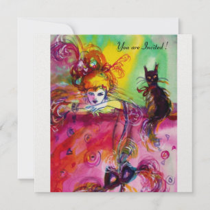 Invitation DAME AVEC CHAT NOIR / Mardi Gras Fête Masquée