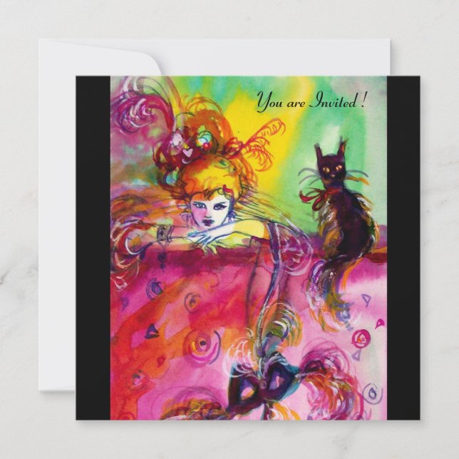Invitation DAME AVEC CHAT NOIR / Mardi Gras Fête Masquée (Devant)