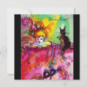 Invitation DAME AVEC CHAT NOIR / Mardi Gras Fête Masquée