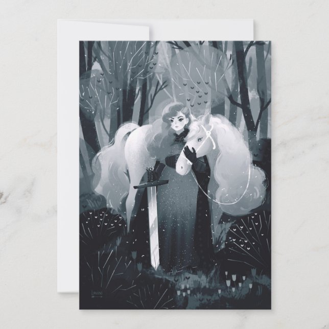 Invitation Dame avec épée et cheval blanc Noir et blanc (Devant)
