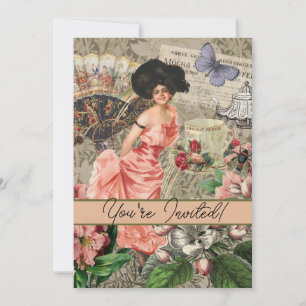 Invitation Dame de café femme victorienne rose riche robe