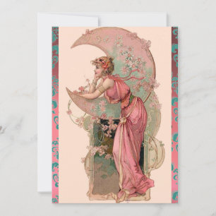 INVITATION DAME DE LA LUNE AVEC ROSES , FLEURS DE DAMAS BLEU 