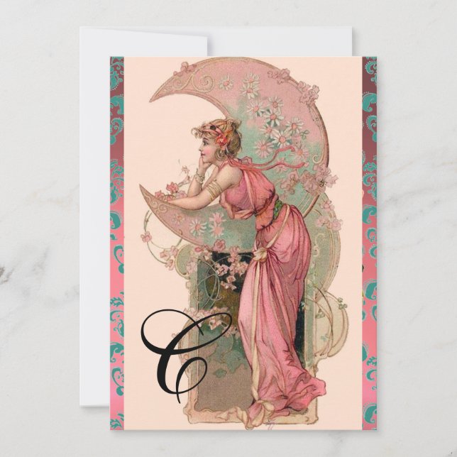 INVITATION DAME DE LUNE, FLEURS, ROSES, DAMAS PINK BLEU MONOG (Devant)