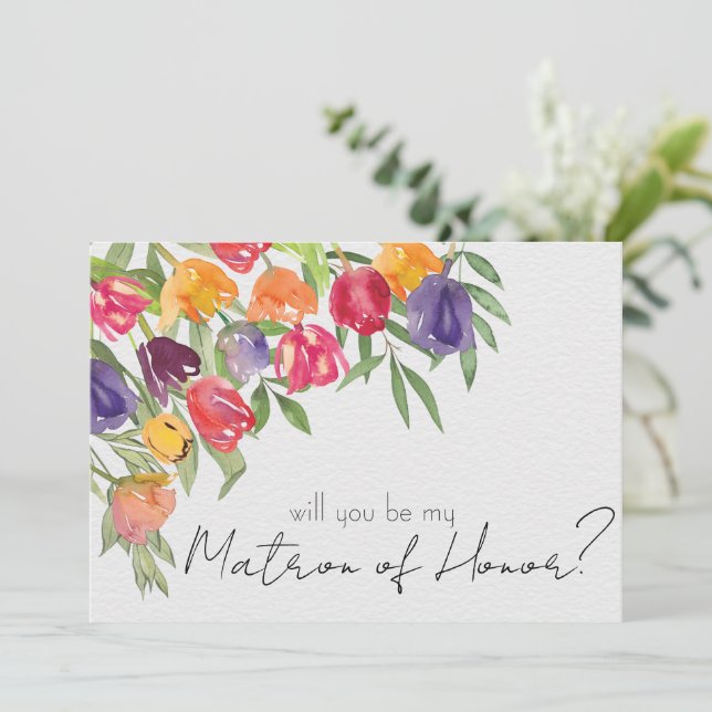 Invitation Dame d'honneur aux tulipes et verdure éclatantes (Debout devant)
