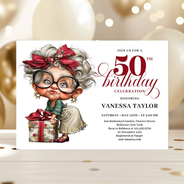Invitation Dame drôle unique Humour de dessin animé pour 50e  (Unique Funny Lady 50th Birthday Humor Cartoon Invitation)