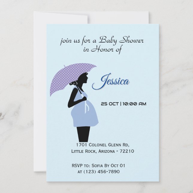Invitation Dame enceinte avec Polka Dot Parapluie bleu doux (Devant)