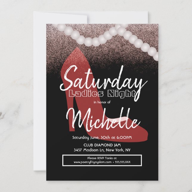Invitation Dames Nuit Anniversaire Fête Red Heels Perles (Devant)
