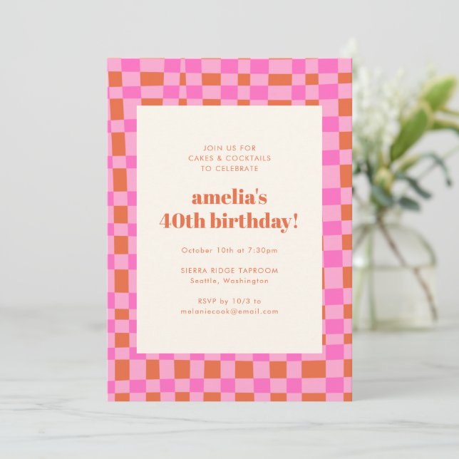 Invitation Damier Rétro Rose Orange Anniversaire 40 Ans Gras (Debout devant)