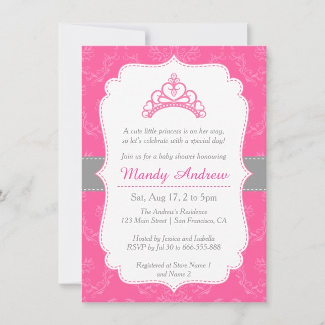 Invitation Damier Rose, Couronne de Princesse, Baby Shower Fi (Devant)