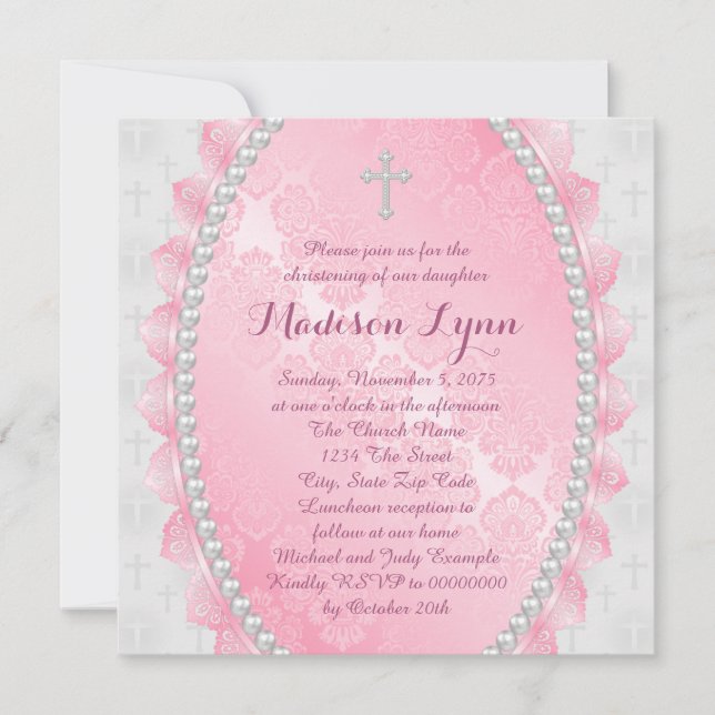 Invitation Damier rose et rose baptême (Devant)