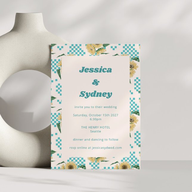 Invitation Damier Tournesol Turquoise Mariage Rétro (Créateur téléchargé)